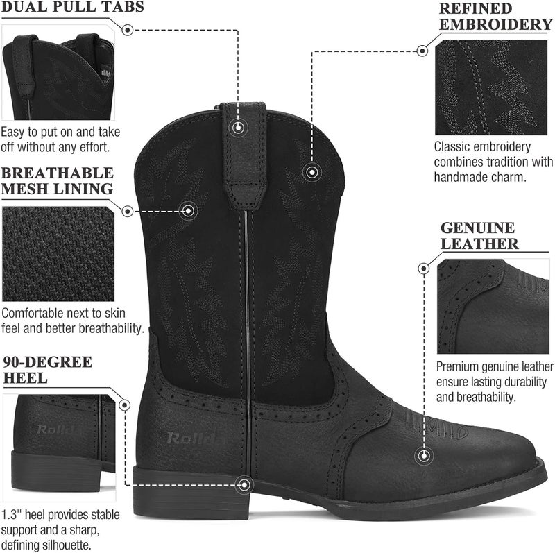 Rollda Leather Cowboy Boots for Men Western Boots Square Toe Chunky Heel Mid-Calf Boots Classic Embroidered with Pull On Tabs - Image 2